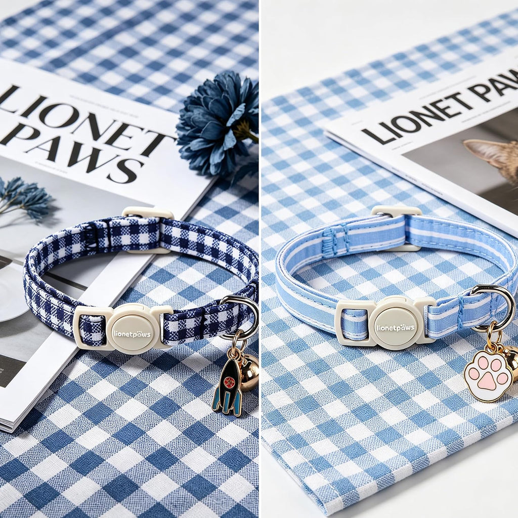 LIONET PAWS 2 Pack Breakaway Cat Collars, Cute Soft Cotton Plaid Gingham & Blue Stripe Kitten Collars with Bell for Boy Girl Cats