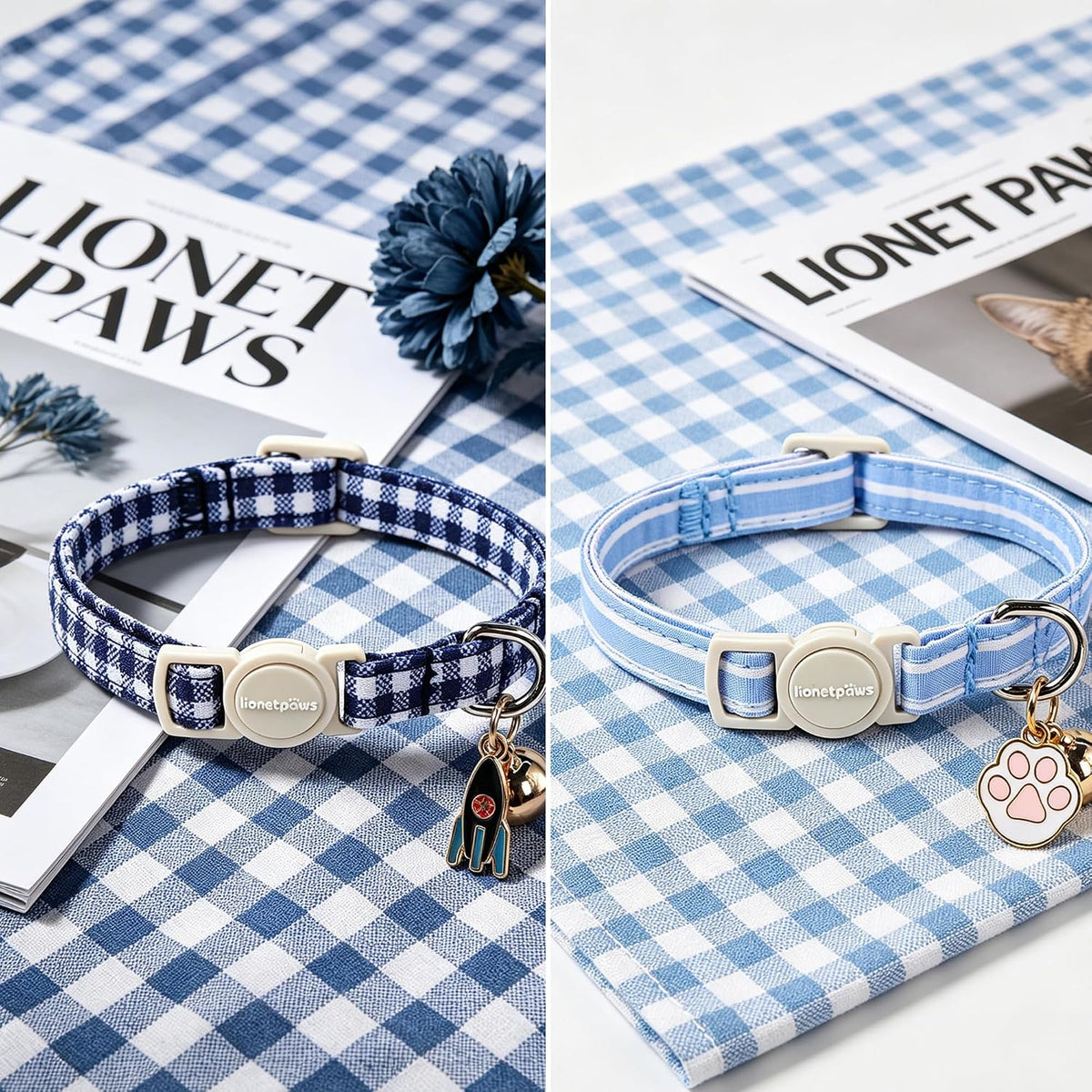 LIONET PAWS 2 Pack Breakaway Cat Collars, Cute Soft Cotton Plaid Gingham & Blue Stripe Kitten Collars with Bell for Boy Girl Cats