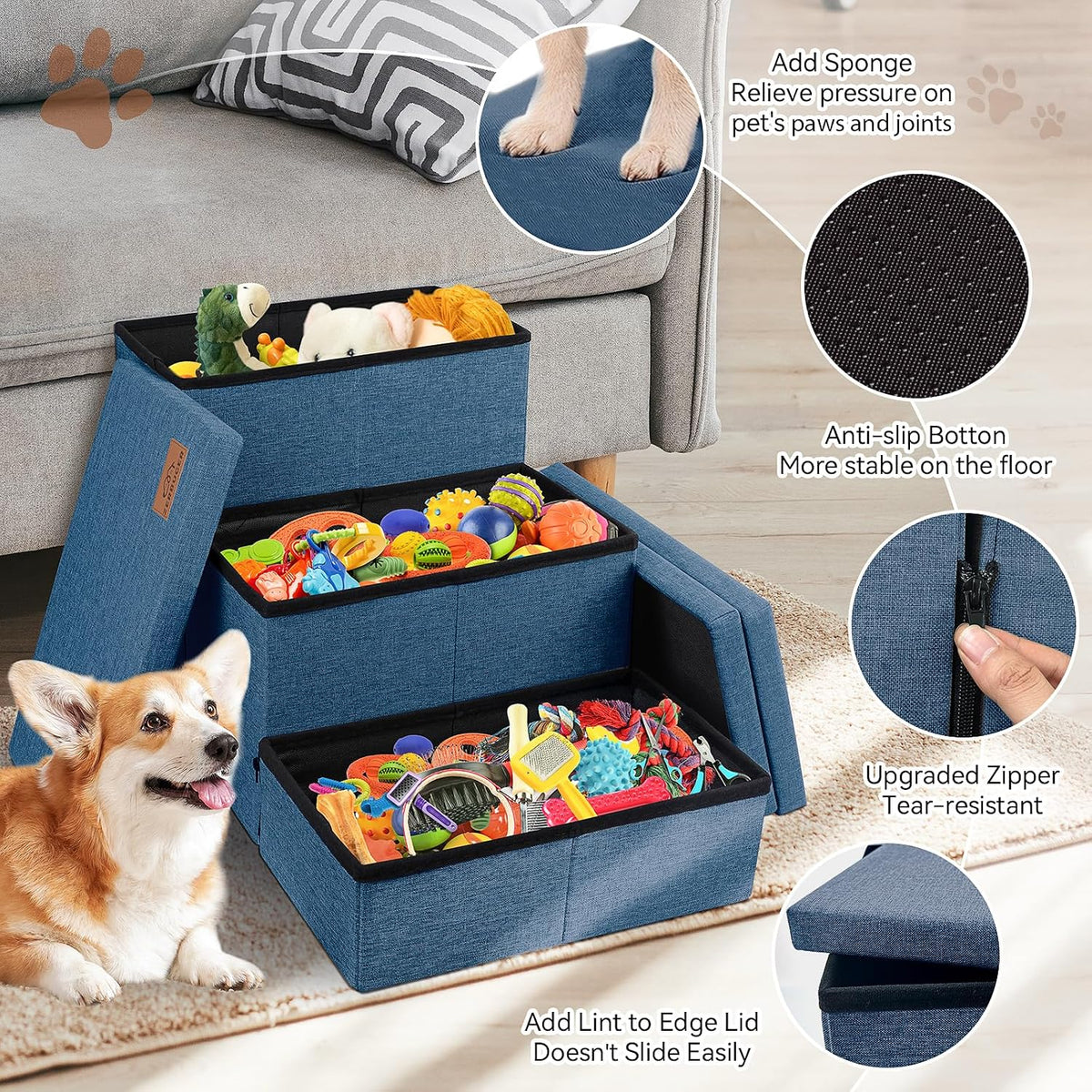 Zerbuger Dog Stairs with Storage, Navy Blue 3 Steps Dog Ramp no Condo