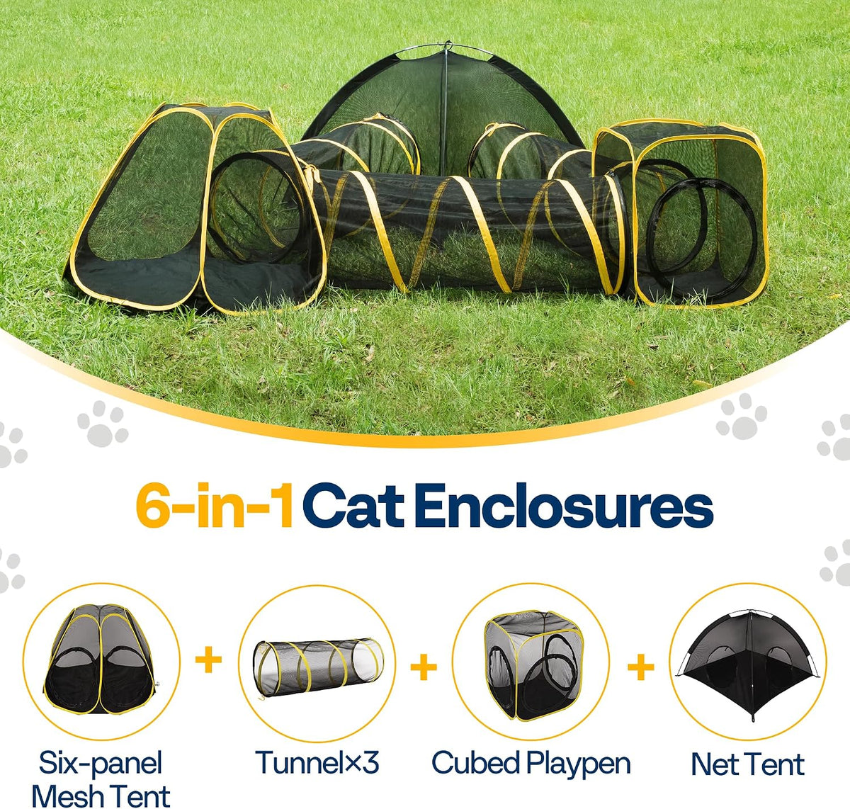 VIVOHOME 6-in-1 Outdoor Cat Enclosure with Playhouse, 2 Tents & 3 Tunnels