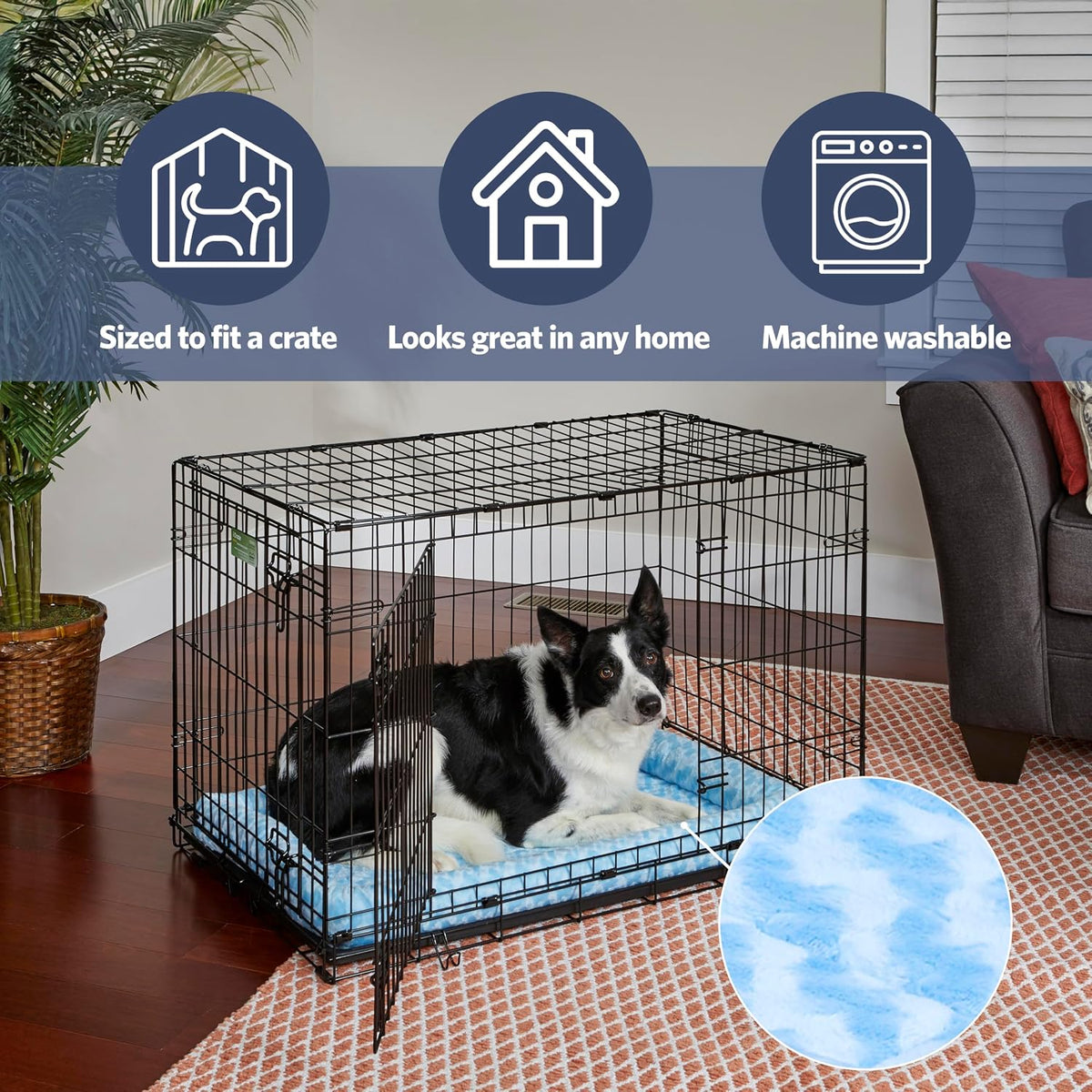 QuietTime by MidWest 18" Dog Crate Bolster Bed, Fashion Blue, Toy Breeds | Faux Fur Crate Mat, Measures 15.75 x 11.02 x 2.36 Inches, Machine Washable Pet Bed, Fits Most 18-Inch Dog Crates