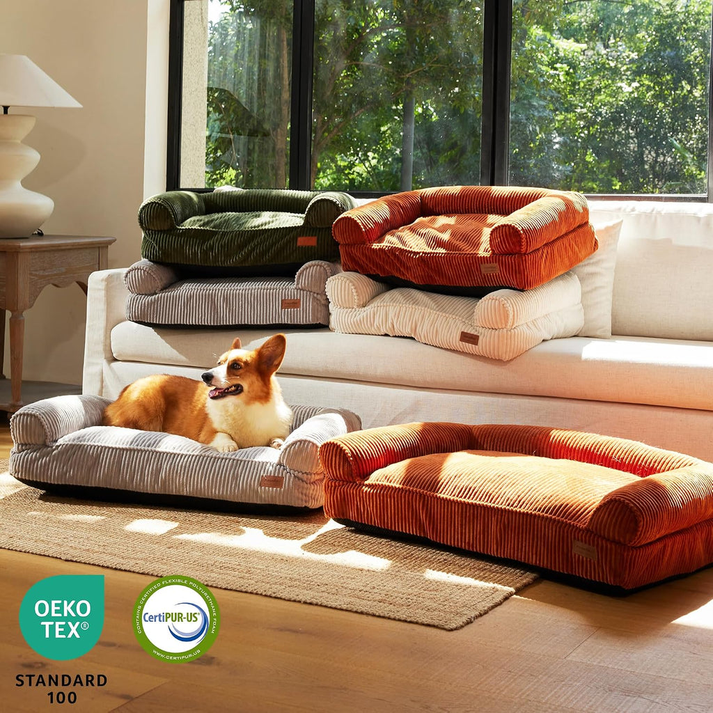 FUKUMARU Dog Couch Bed, Corduroy Cozy Cat Bed, Waterproof, Washable Cover