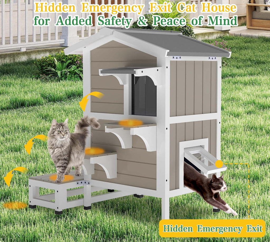 GoWoodHut Outdoor Cat House Weatherproof Cats Shelter for Feral Kitten Pet Houses for 1-2 Small Animlas 2 Story Wooden Houses for Indoor Outdoor Cats with Escape Doors (29.7" D x 22.8" W x 35.4" H)
