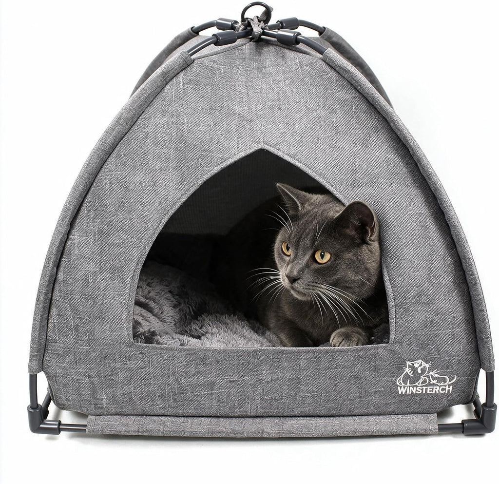 Winsterch Gray Cat Tent Covered Pet House for Indoor Cats, Washable Cushion