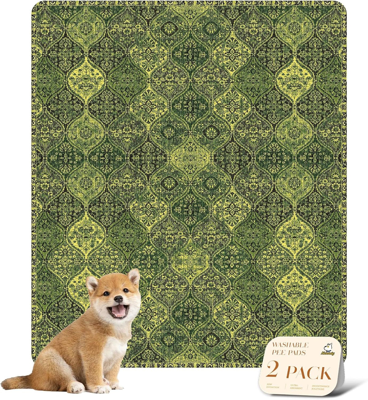 nunubaby Washable Pee Pads for Dogs, Stylish, Non-Slip and Leak-Proof Pee Pads. Reusable Potty Pads for Dogs for Crates and Floors.(Green/Multi,31" x36" )