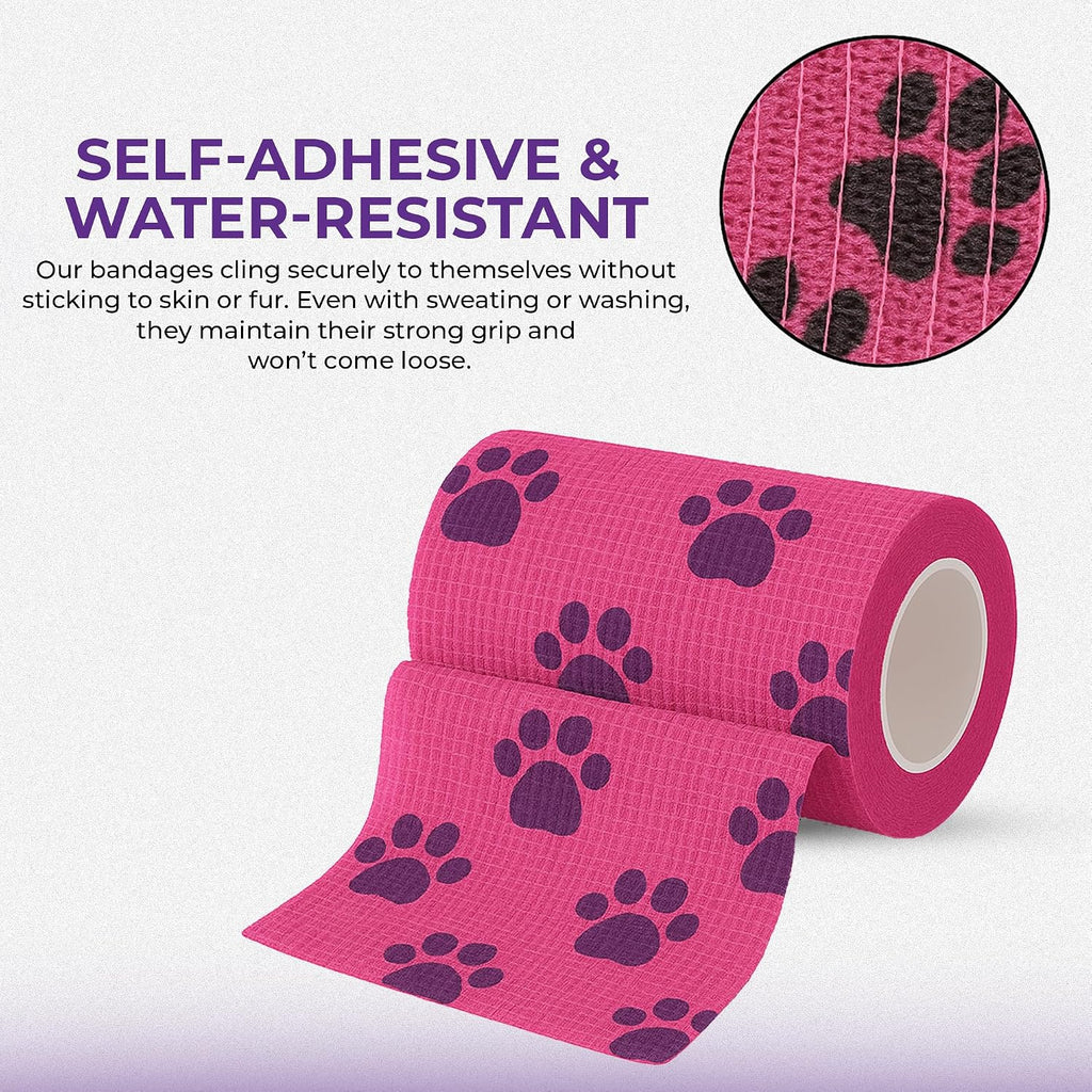 JorVet 4" x 10 Yards Cohesive Bandages | Fun Self-Adhesive Wrap for Animal Wound | Easy Tear, No Scissors Needed | Individually Wrapped Vet Tape, Secure & Flexible | Dog Paw Purple/Pink | Pack of 12