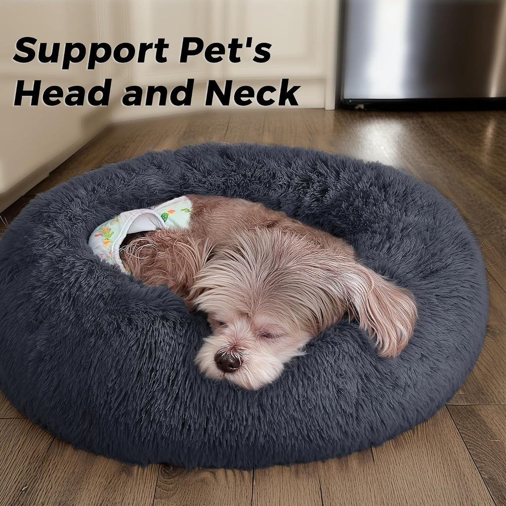 Calming Round Dog Bed & Cat Bed for Indoor Cats, Medium Size Washable Anti-Slip Anti-Anxiety Donut Dog Beds for Small Dogs & Cats, Fluffy Plush Soft Dog Bed(20 Inch, Blue Grey)