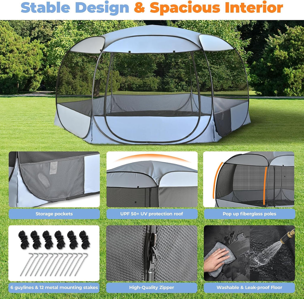 XXLarge Popup Portable Dog Houses, 10'x4.8'H Assembly-Free Gazebo-Style Kennel Dog Playpen Pet Screen Tent Sun Shade Shelter, Dog Crates Canopy for Travel Camping Anti-Bugs with Leakproof Bottom
