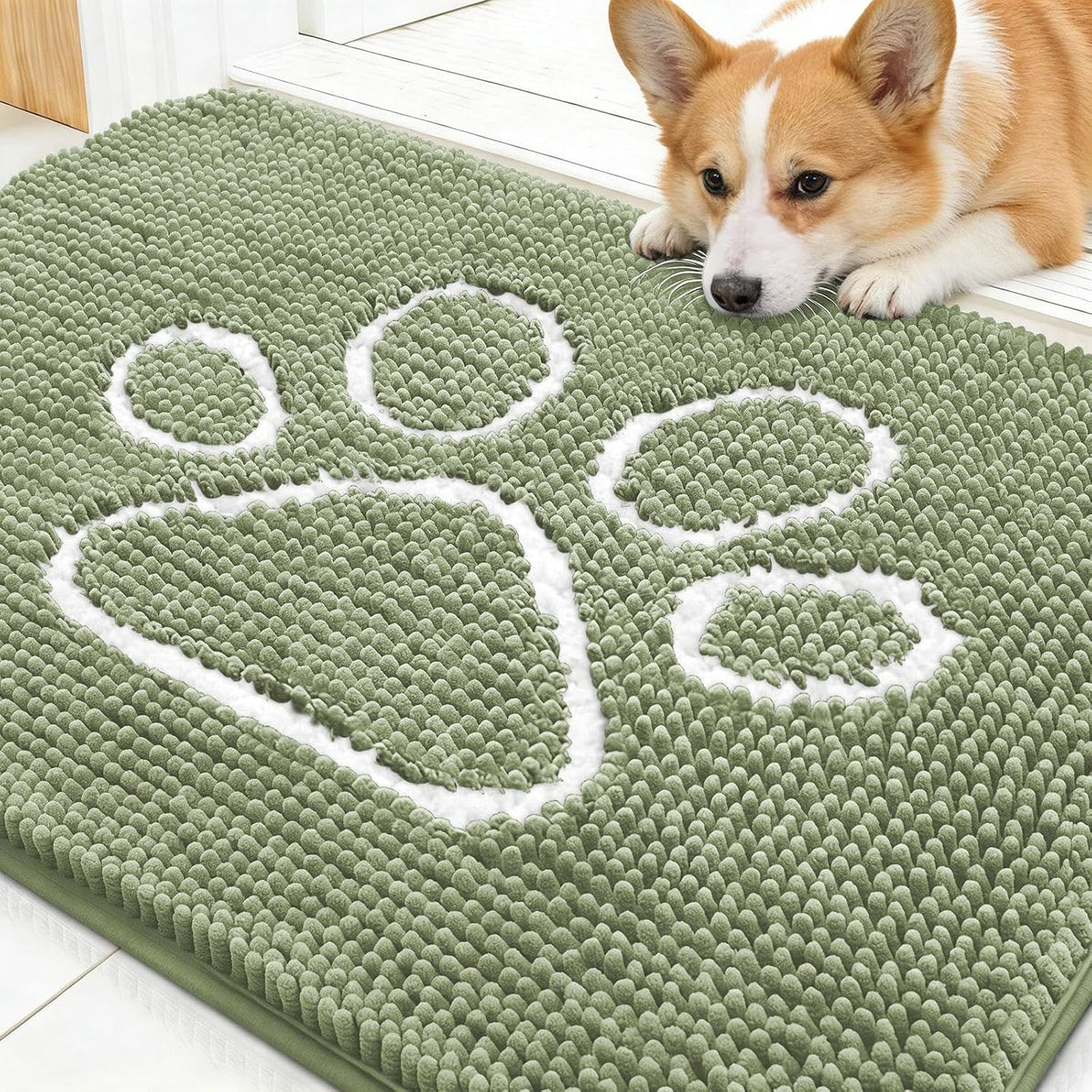OLANLY Dog Door Mat for Muddy Paws 54x24, Paw Print Design Chenille Mud Mat