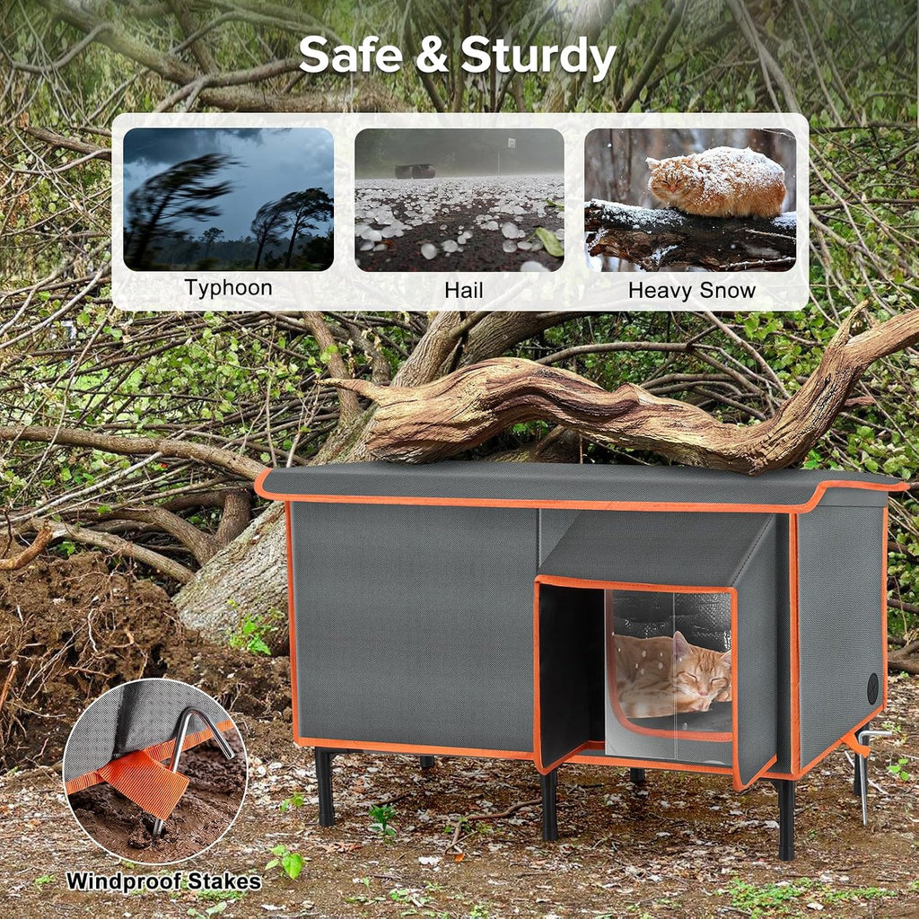 Heated Cat House for Outside in Winter, Weatherproof Outdoor Cat House with Cat Heating Pad, Waterproof &Safe Escape Door, Insulated Cat Shelter with Heater for Feral Barn Cats Kitty
