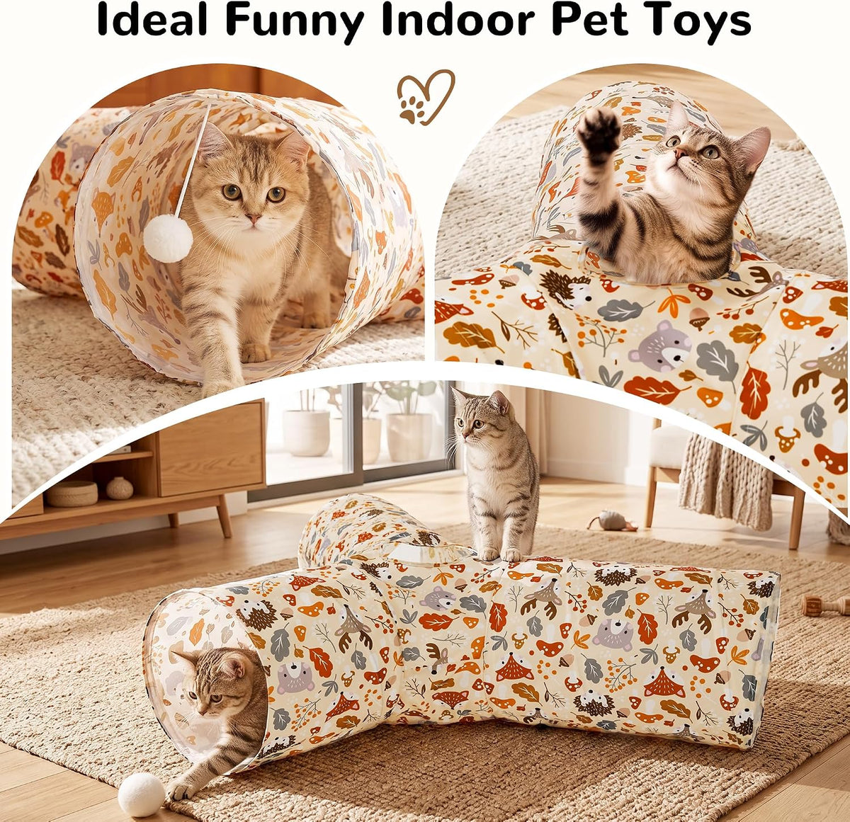 Tempcore Cat Tunnel, 3-Way Collapsible Toy, Large Size Beige Deer | Large Size 3-Way Cat Tunnel Provides More Room for Cats to Run, Hide and Chase, with Peek Holes, Hanging Ball and Teaser Wand