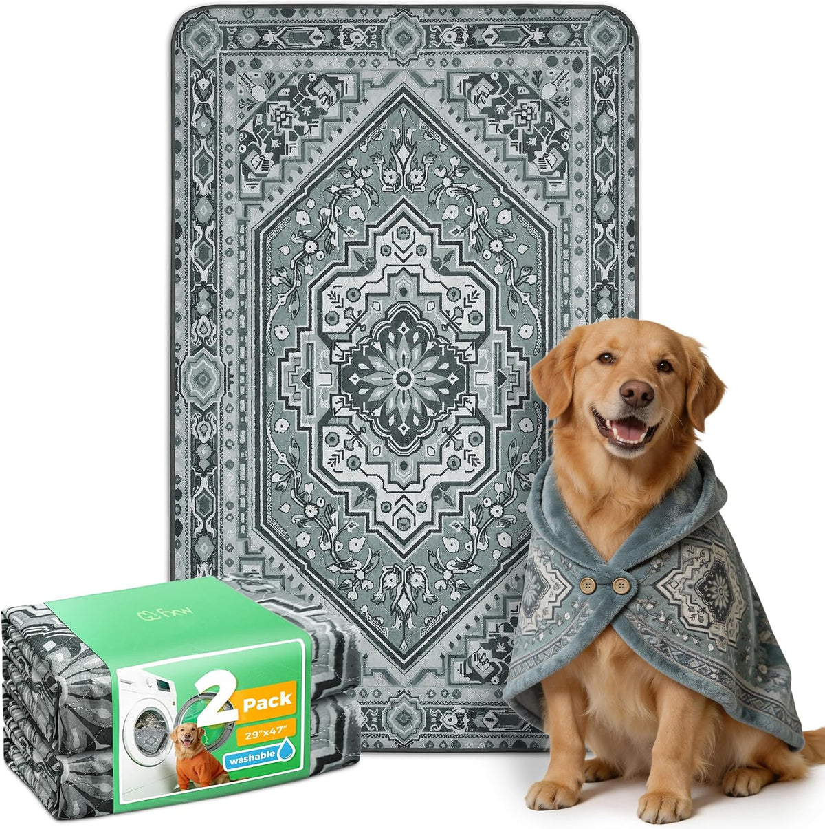 FXW Washable Pee Pads for Dogs, Super Absorbent, 29" x 47", 2 Packs | Machine washable, Non-slip backing