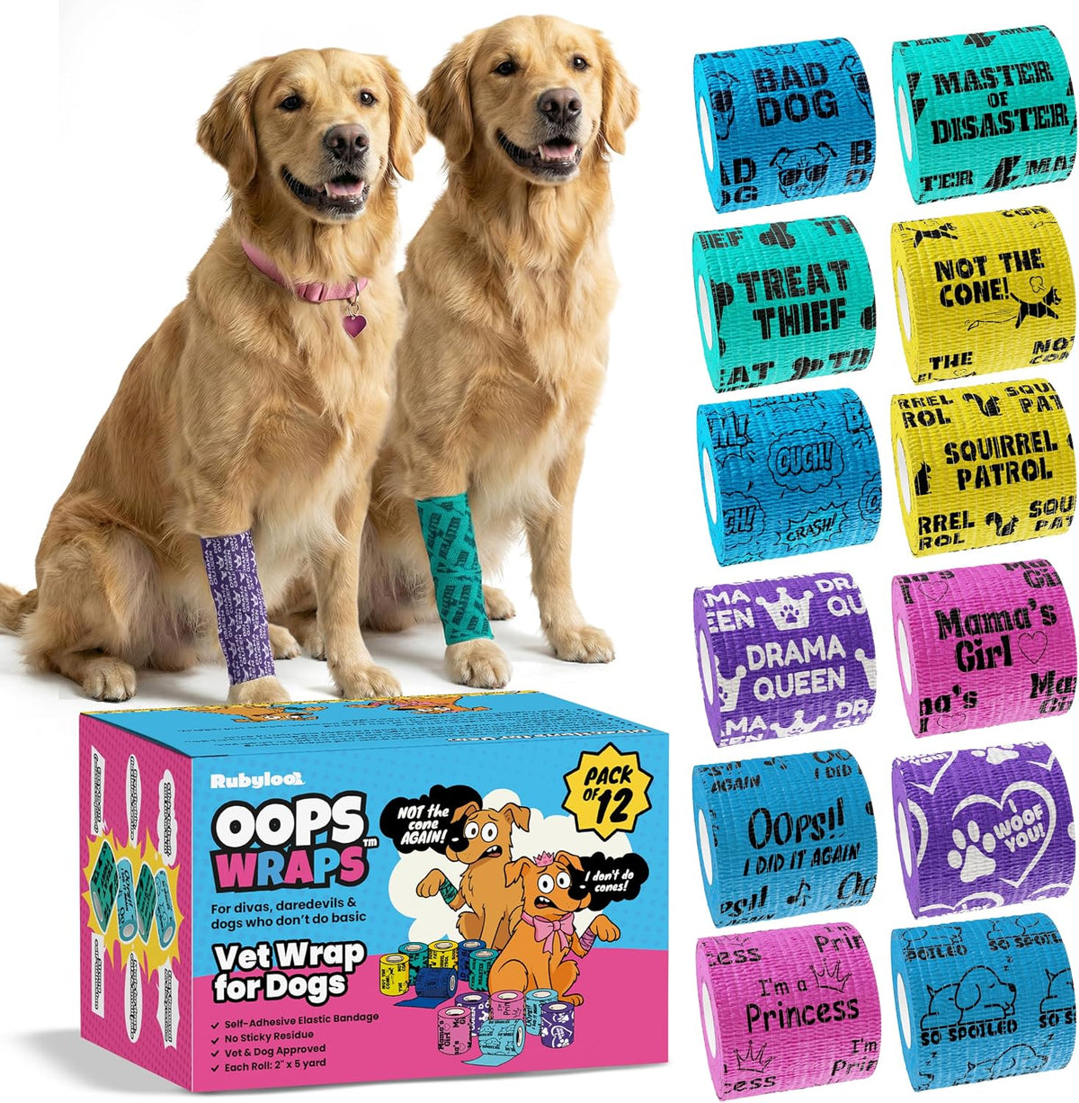 Funny Vet Wrap for Dogs, 2in Self-Adhesive Bandage Tape, 12 Pack Mix