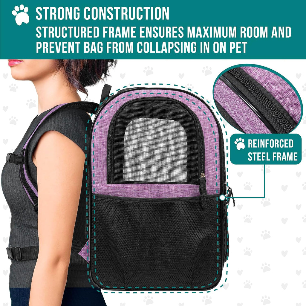PetAmi Dog Backpack Carrier, 4-Way Entry Ventilated, 18 lbs, Purple