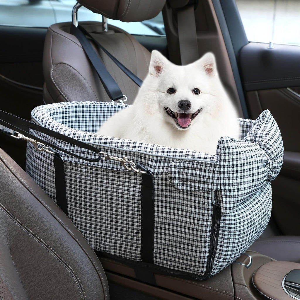 Center Console Dog Car Seat Dog Bed for Car Console Portable Armrest Booster Seat Carrier for Small Medium Dogs Anti-Collapse for Puppy Pet Up to 15 Lbs（Grid Black）