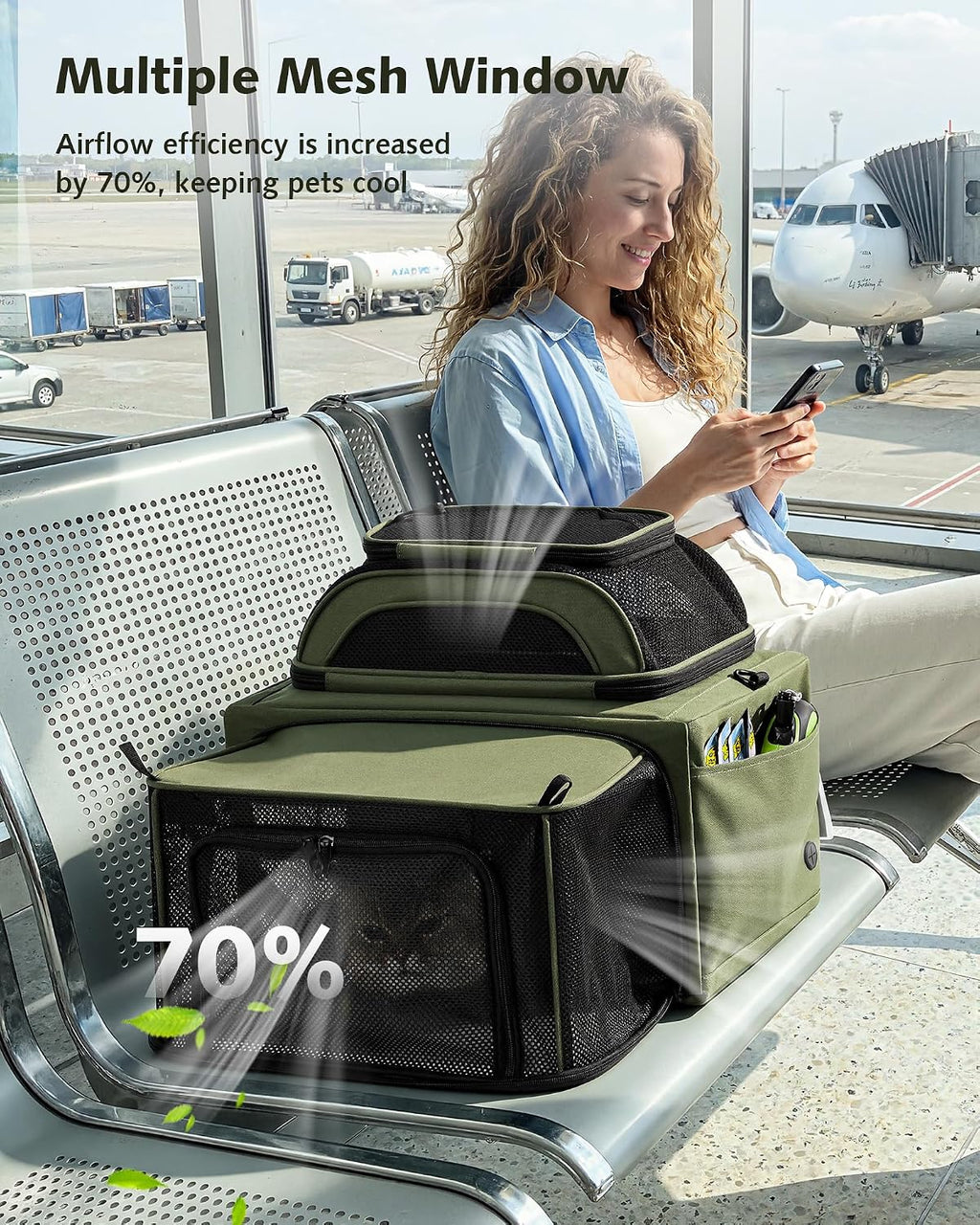 Pecute Top Expandable Airline Approved Pet Carrier for Cats, Olive Green