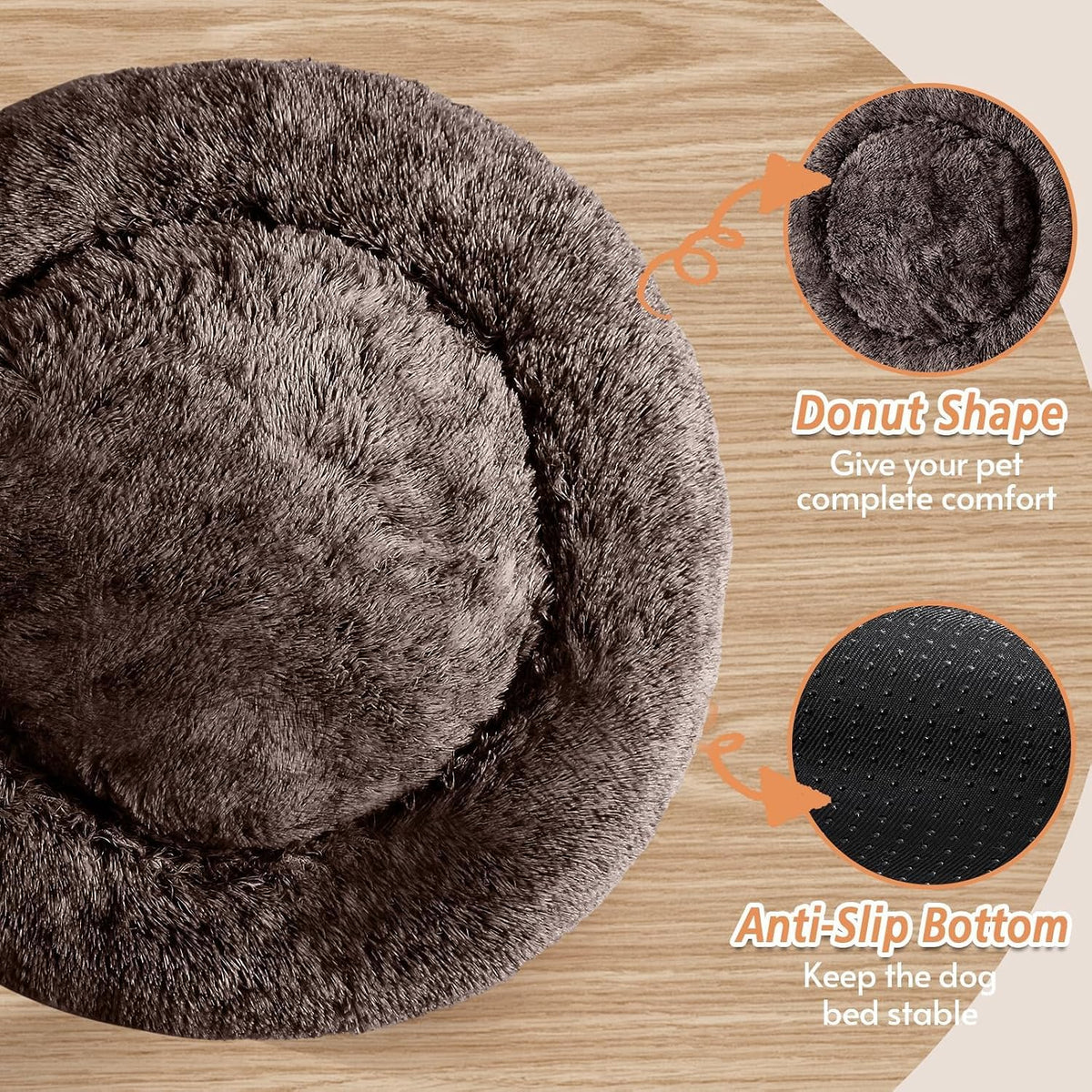 JOLLYVOGUE Calming Dog Beds Large Sized Dog, 36in Donut Washable Large Pet Bed, Anti-Slip & Anti-Anxiety Fluffy Faux Fur Round Dogs Bed, Fits up to 80 lbs Pets （Chocolate）
