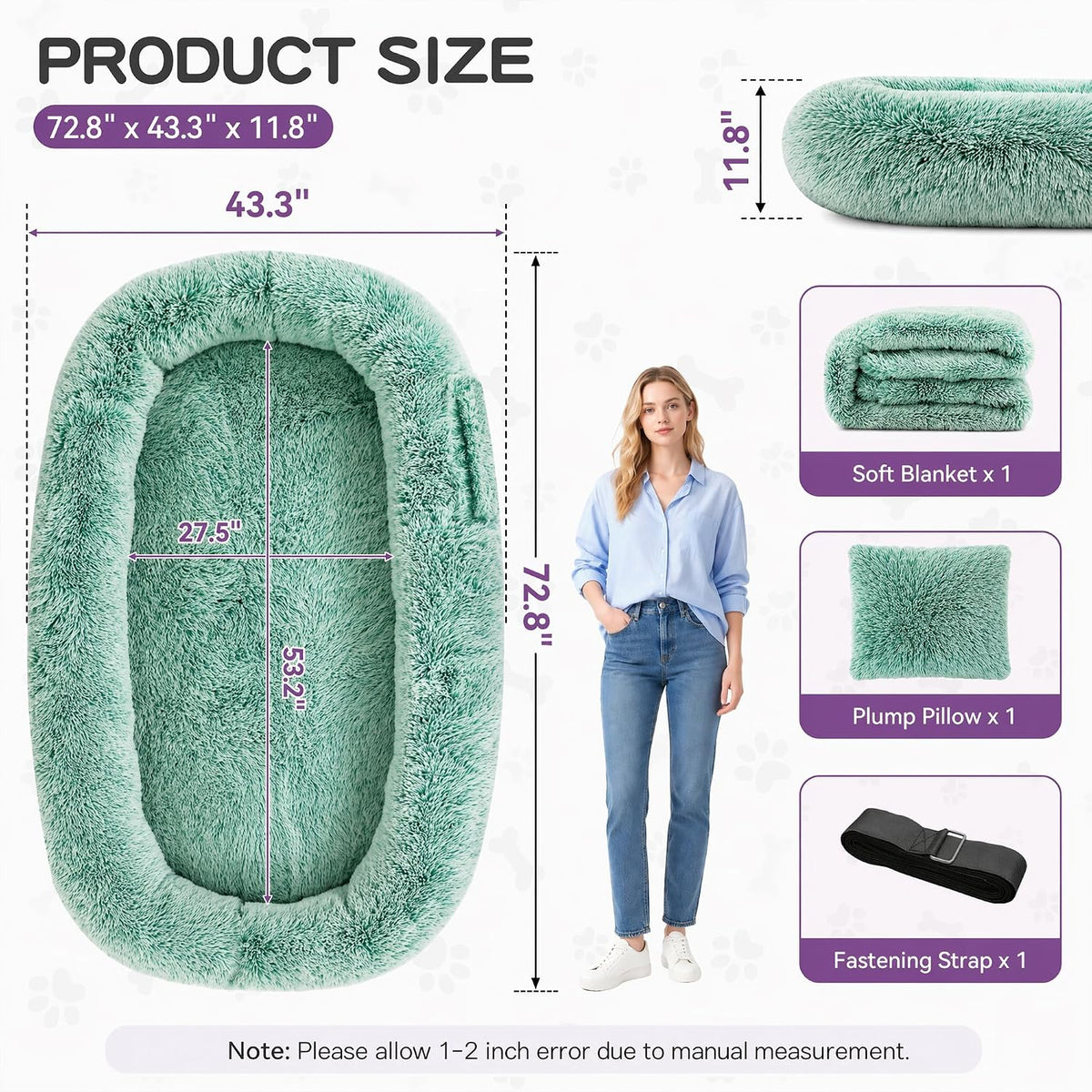 Human Dog Bed, Oversized Plush Lounger Bed with Plump Pillow and Blanket