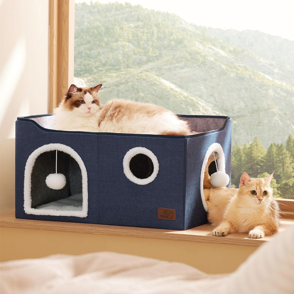 Bedsure Extra Wide Cat House Bed with Fluffy Ball and Scratch Pad,Blue