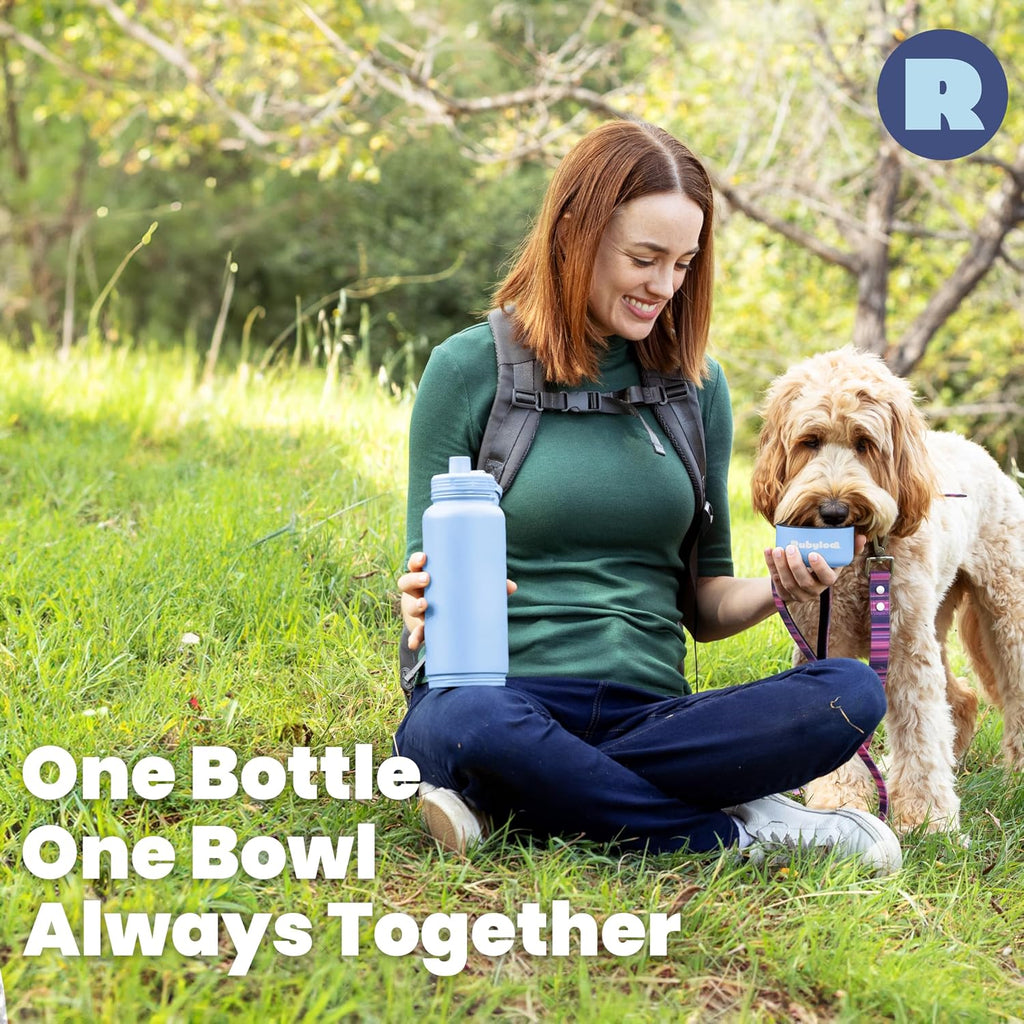 Rubyloo Dog Water Bottle with Detachable Bowl for Dog Lovers, Dusty Blue | 32oz Insulated Stainless Steel Bottle, 8oz Detachable Bowl, Leak-Proof Lid, BPA-Free, Hiking, Walking, Travel, Gift