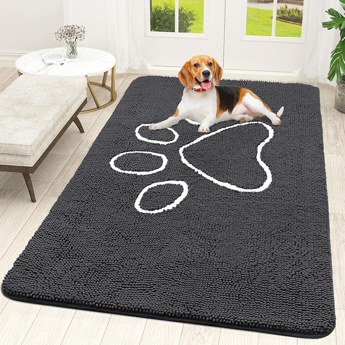OLANLY Dog Door Mat for Muddy Paws 70x46, Paw Print Design Chenille Mud Mat