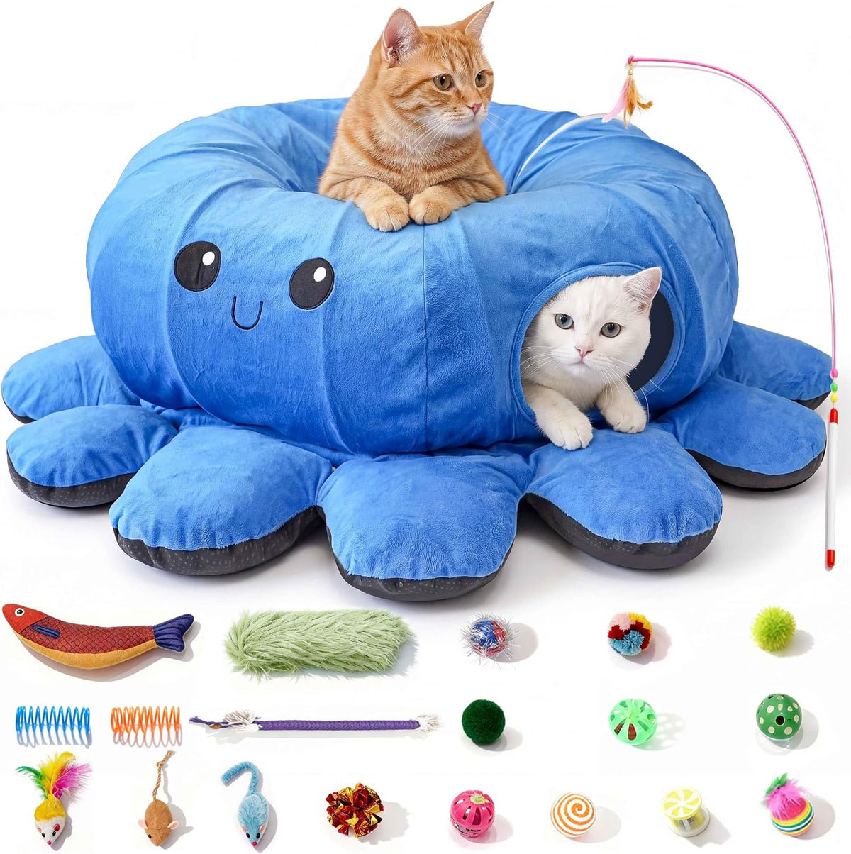 Cat Tunnel Bed with 20 Cat Toys, Kitten Toys for Indoor Kittens,Blue