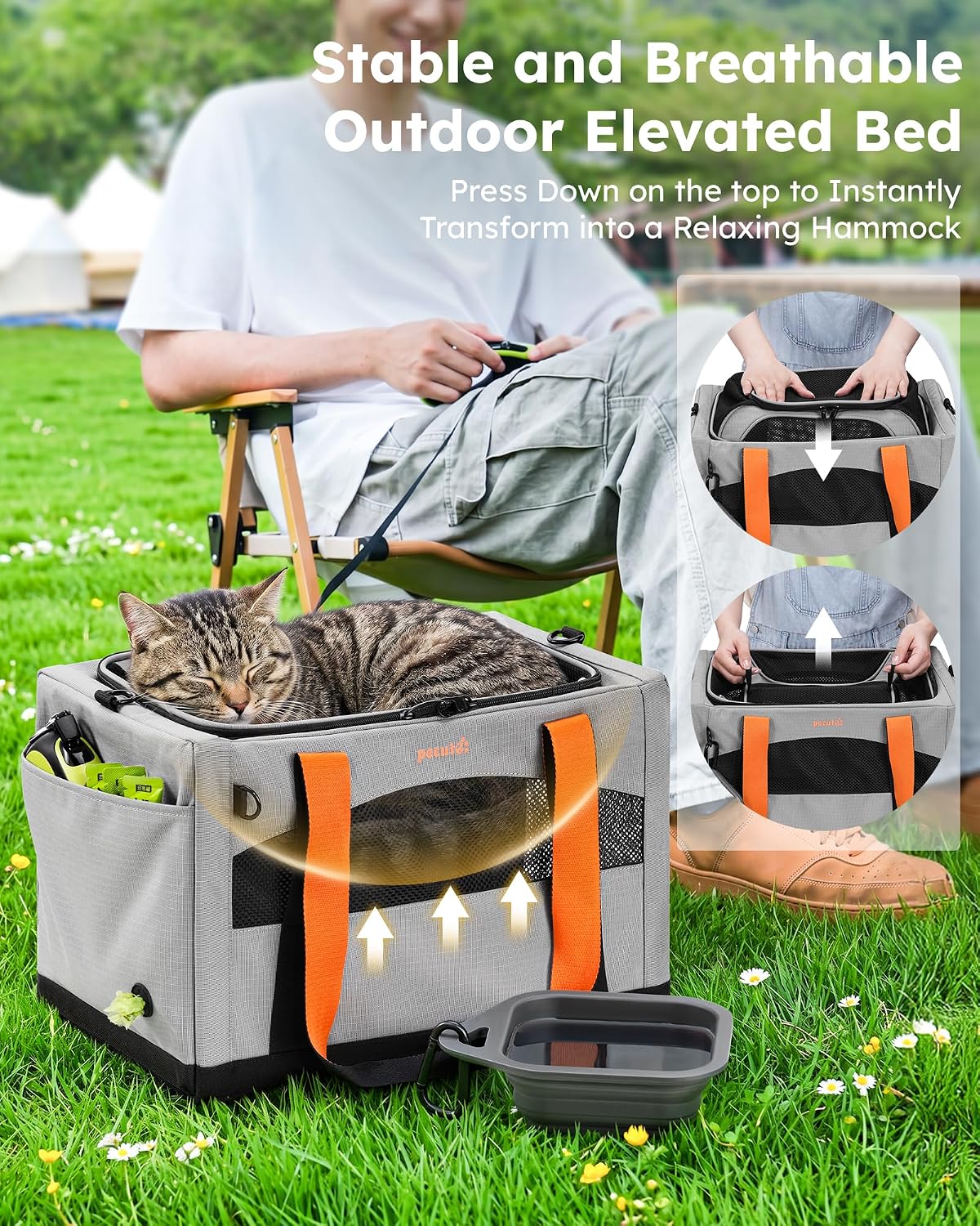 Pecute Cat Carrier,Top Expandable Dog Crate for Travel, Grey