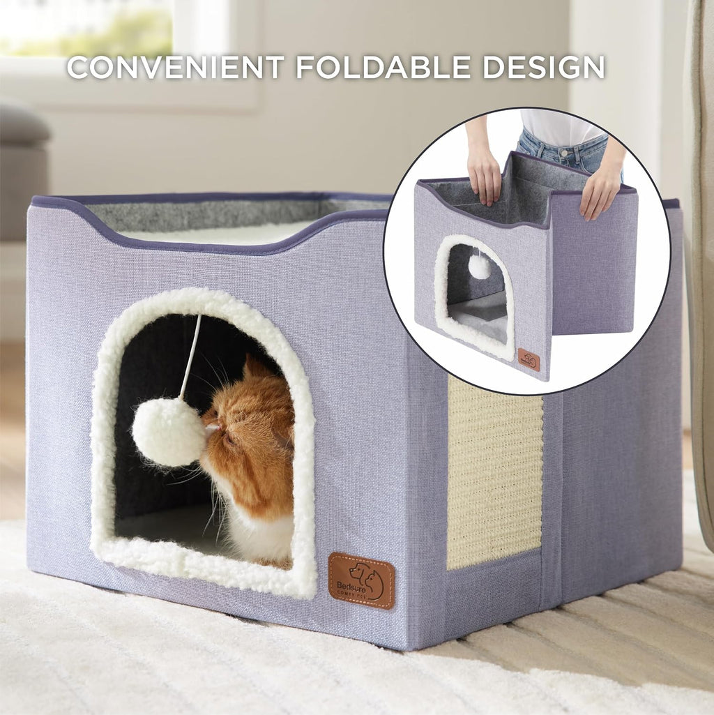 Bedsure Cat House Bed for Indoor Cats with Fluffy Ball and Scratch Pad