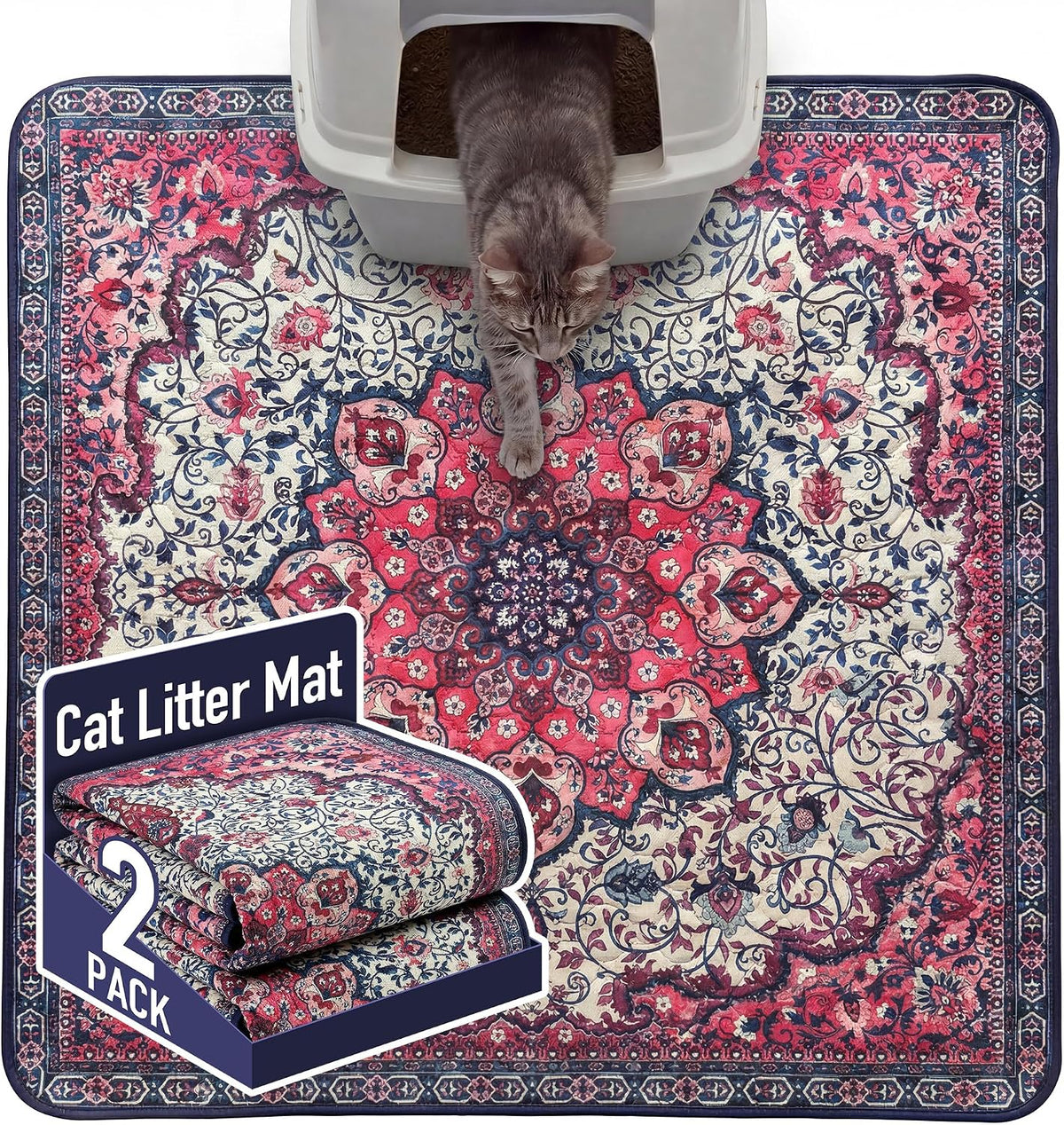 Hompet Cat Litter Mat 2 Pack, 36x36 Large Machine Washable Trapping Mats for Cats, Super Absorbent & Urine-Proof Cat Litter Box Mat for Floor, Waterproof & Non Slip Kitty Litter Rug