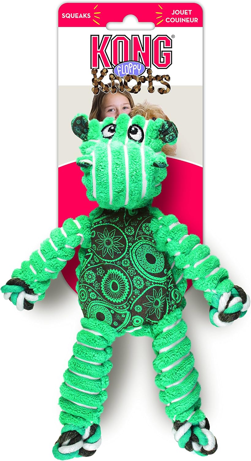 KONG Floppy Knots Rope and Plush Dog Toy, Hippo, Medium/Large | Knotted Rope & Plush Toy with Minimal Stuffing & a Squeaker, Great for Teething, Tugging & Lively Play