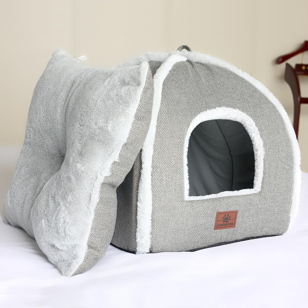 Cat Bed for Indoor Cats - Cat Cave Bed Cat House Cat Tent with Removable Washable Cushioned Pillow, Soft and Self Warming Kitten beds,Cat Beds & Furniture （Large Grey）