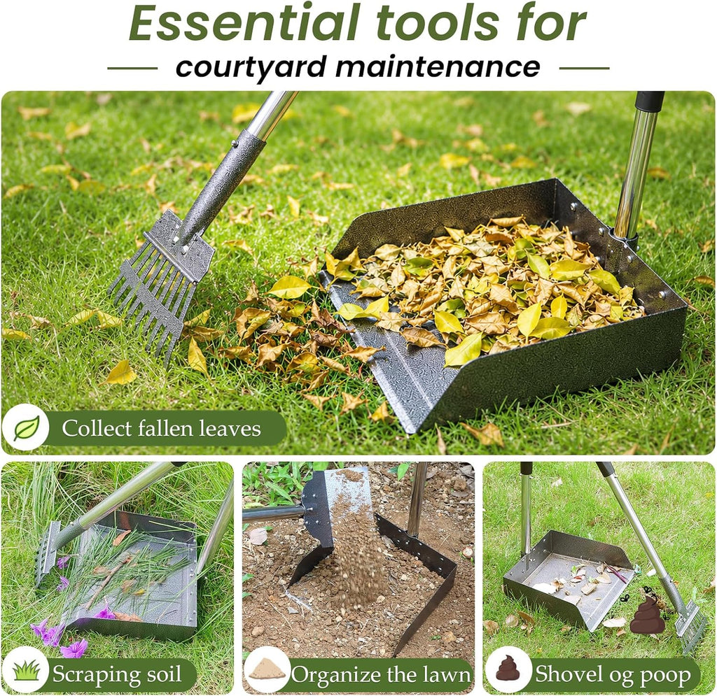 T2Y Pooper Scooper for Large Dogs, Rake & Spade & Extra Large Tray Set | 48" Tall No-Bend | 9.4'' Large Tray | Stainless Steel | Adjustable | Works on Grass, Gravel & Dirt | Easy to Install