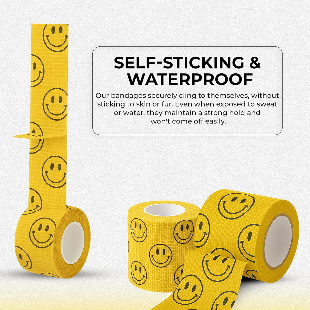JorVet 2" x 5 Yards Cohesive Bandages | Fun Self-Adhesive Wrap for Animal Wound | Easy Tear, No Scissors Needed | Individually Wrapped Vet Tape, Secure & Flexible | Smiley Face Yellow | Pack of 12