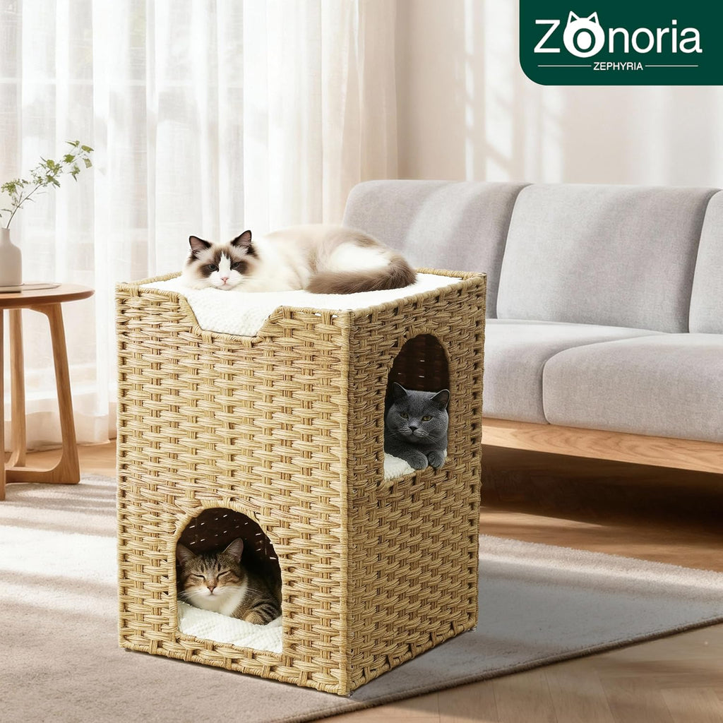 Safety Triple-Layer Cat House for Indoor Cats - Hand-Woven Rattan Cat Cave with 2 Hideaways & 3 Soft Pads - Foldable & Sturdy Cat Condo Furniture for Multiple Cats & Small Pets, Easy Assembly