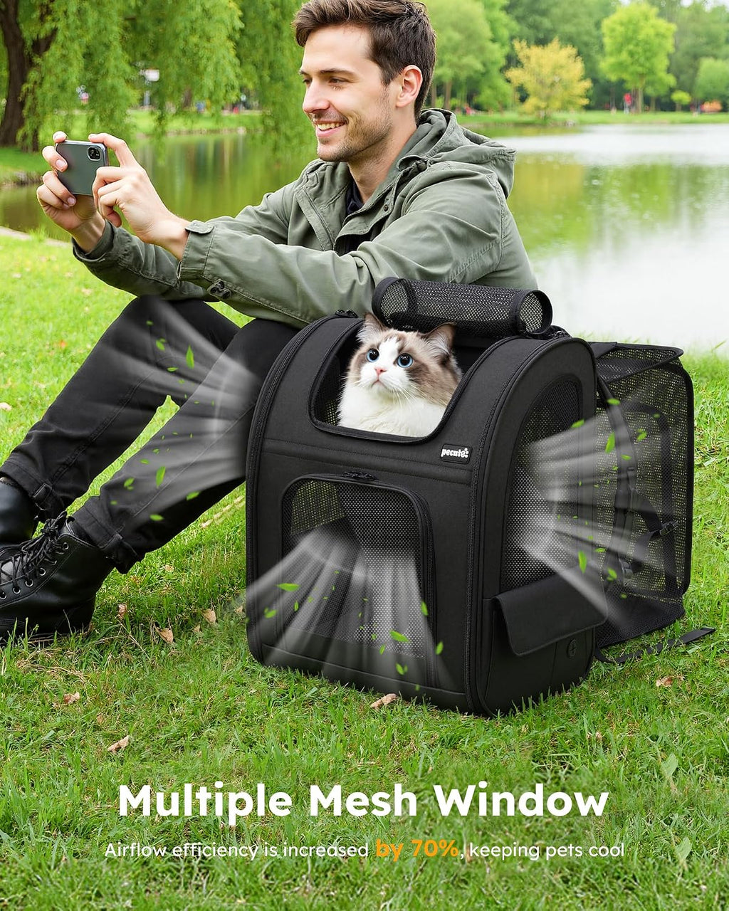 pecute Dog Backpack Expandable, Cat Carrier Backpack Breathable, Large