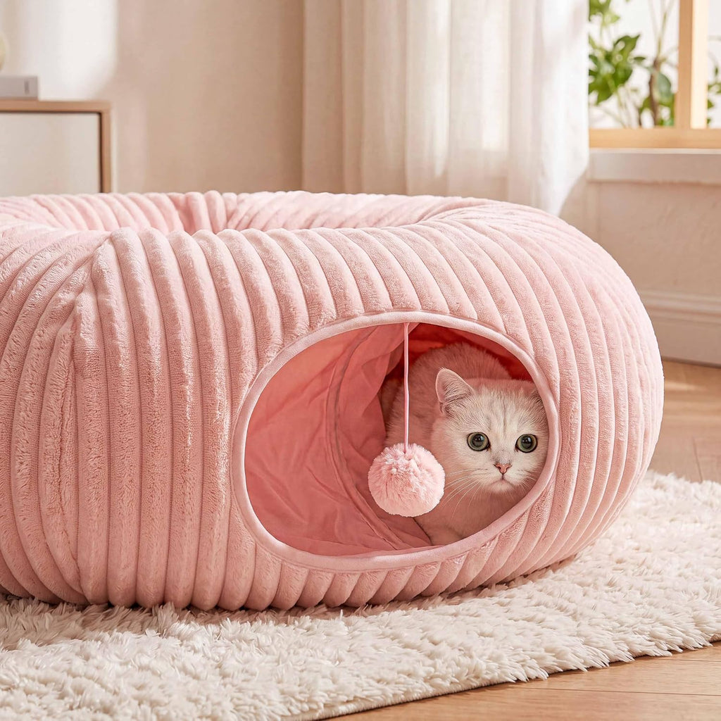 Cat Tunnel Bed with 40 Pcs Interactive Cat Toys, Pink
