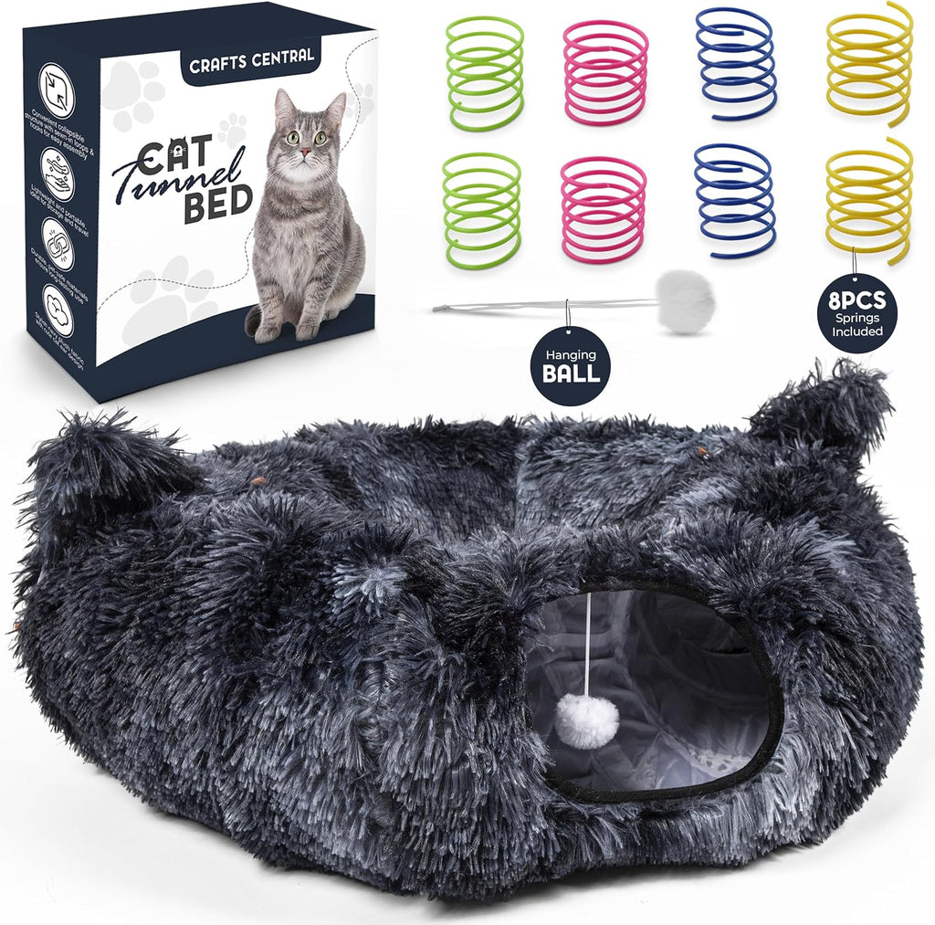 Cat Tunnel Bed with 8 Spring Toys - Plush Peekaboo Cat Cave for Indoor Pets - Versatile Cat Donut Tunnels for Indoor Cats- Foldable Kitten Bed Tunnel