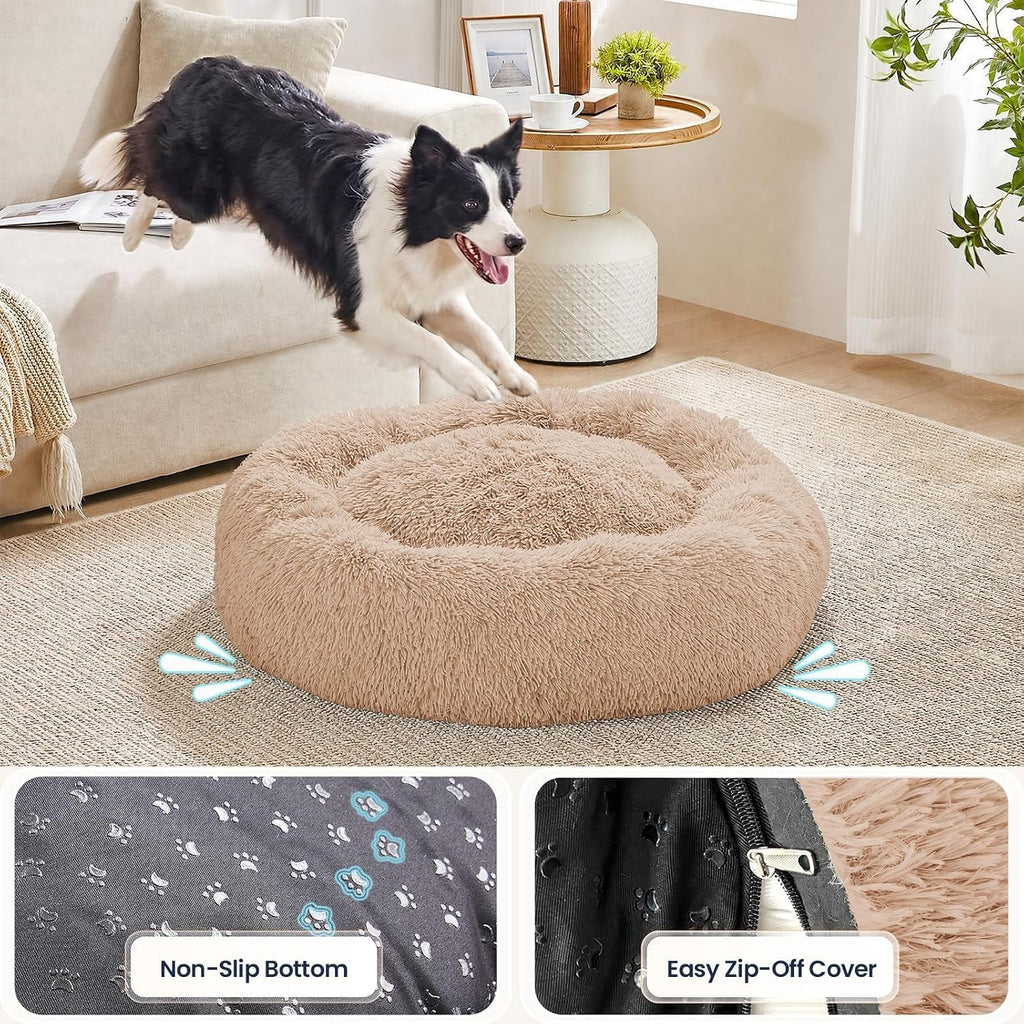 JOLLYVOGUE Calming Washable Dog Bed Medium Size Dog, 31 Inch Donut Medium Dog Bed with Removable Cover, Anti-Slip Round Fluffy Faux Fur Bed, Fits up to 45 lbs Pets, Camel