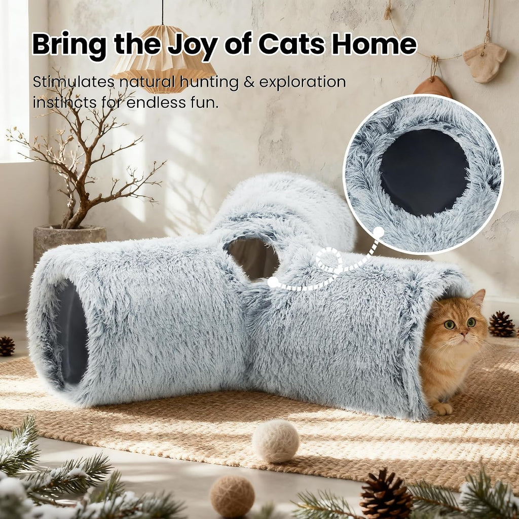 Tempcore Plush Cat Tunnel, 3-Way Collapsible Toy for Indoor Cats, Grey | Plush Fabric Creates a Soft Play Space for Cats, with 3-Way Tunnels, Peek Holes, Hanging Ball and Teaser Wand for Interaction
