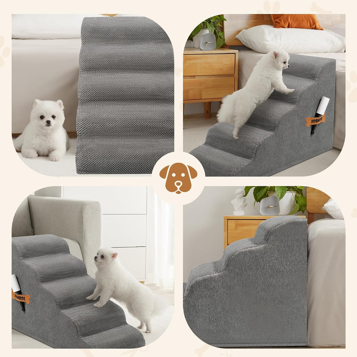 Romrol Dog Stairs Ramp for High Beds Couches, High Density Foam Pet Steps with Durable Non-Slip Waterproof Fabric Cover, Dog Stairs for Small Dogs or Cats or Pets, 5-Step, 22 Inch, Grey