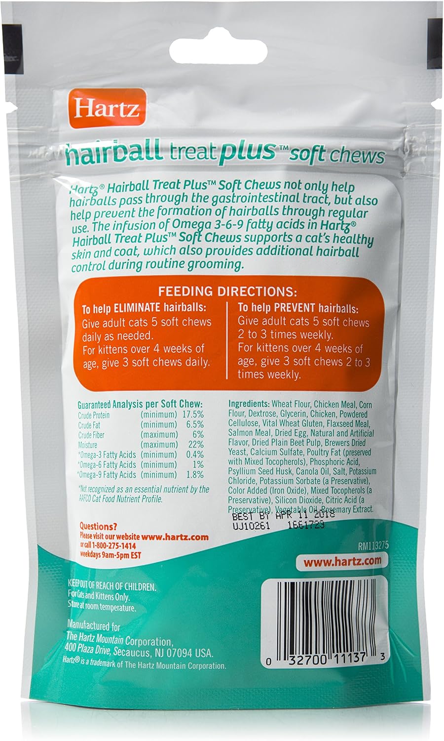 Hartz Hairball Remedy Plus Chicken Flavored Soft Chews for Cats and Kittens (Pack of 2)