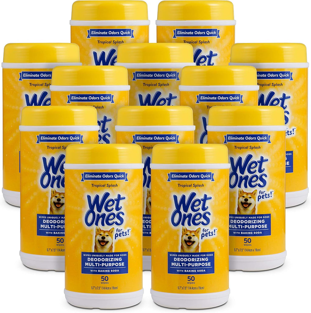 Wet Ones for Pets Deodorizing Dog Wipes, Tropical Splash, 50 Count, 12-Pack | Baking soda formula, multipurpose grooming wipes, resealable canister, for daily deodorizing use, gentle 