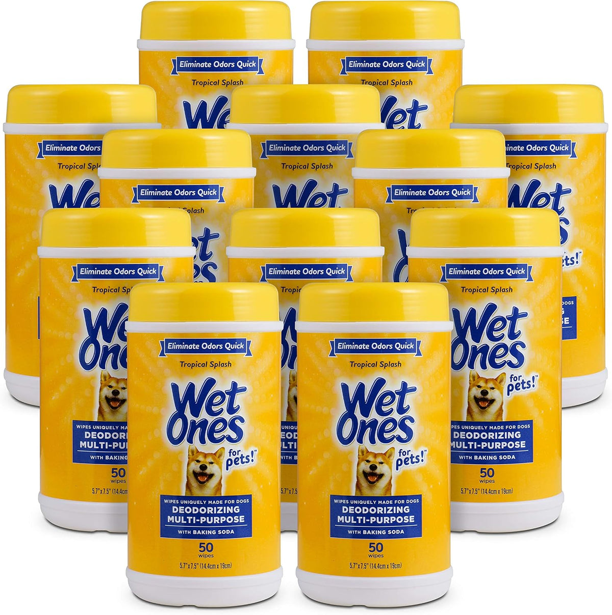 Wet Ones for Pets Deodorizing Dog Wipes, Tropical Splash, 50 Count, 12-Pack | Baking soda formula, multipurpose grooming wipes, resealable canister, for daily deodorizing use, gentle 