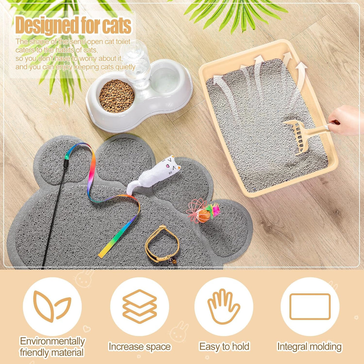 Tioncy 7 Pcs Kitten Litter Box Starter Kit with Mat, Simple, Khaki