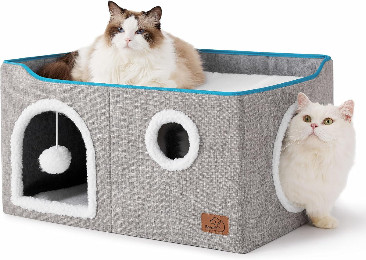 Bedsure Extra Wide Cat House Bed with Fluffy Ball and Scratch Pad,Grey