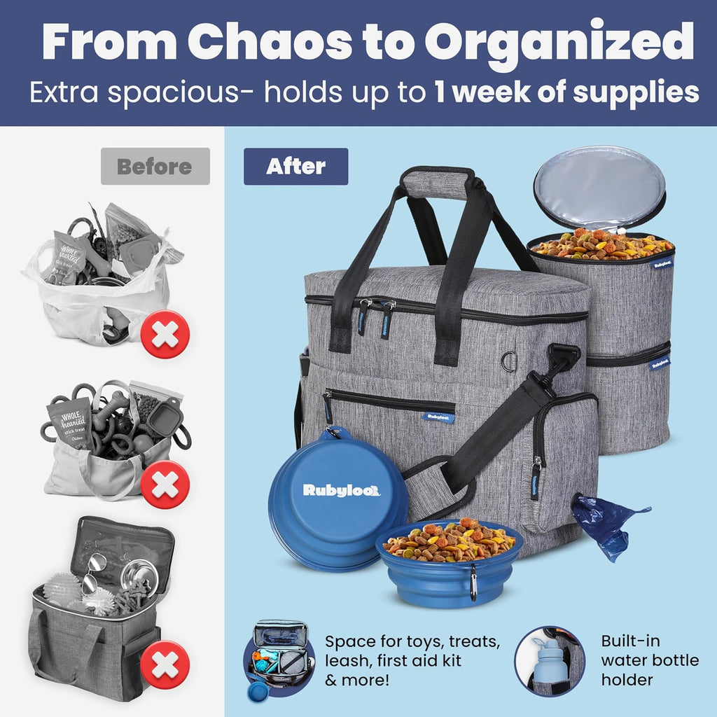Original Doggy Bag™ Dog Travel Bag for Supplies with Travel Bowls | 2 BPA-Free Collapsible Bowls, 2 Pet Food Containers, TSA-Ready, Road Trips, Camping, Weekend Getaways, Doggy Gift, Grey 