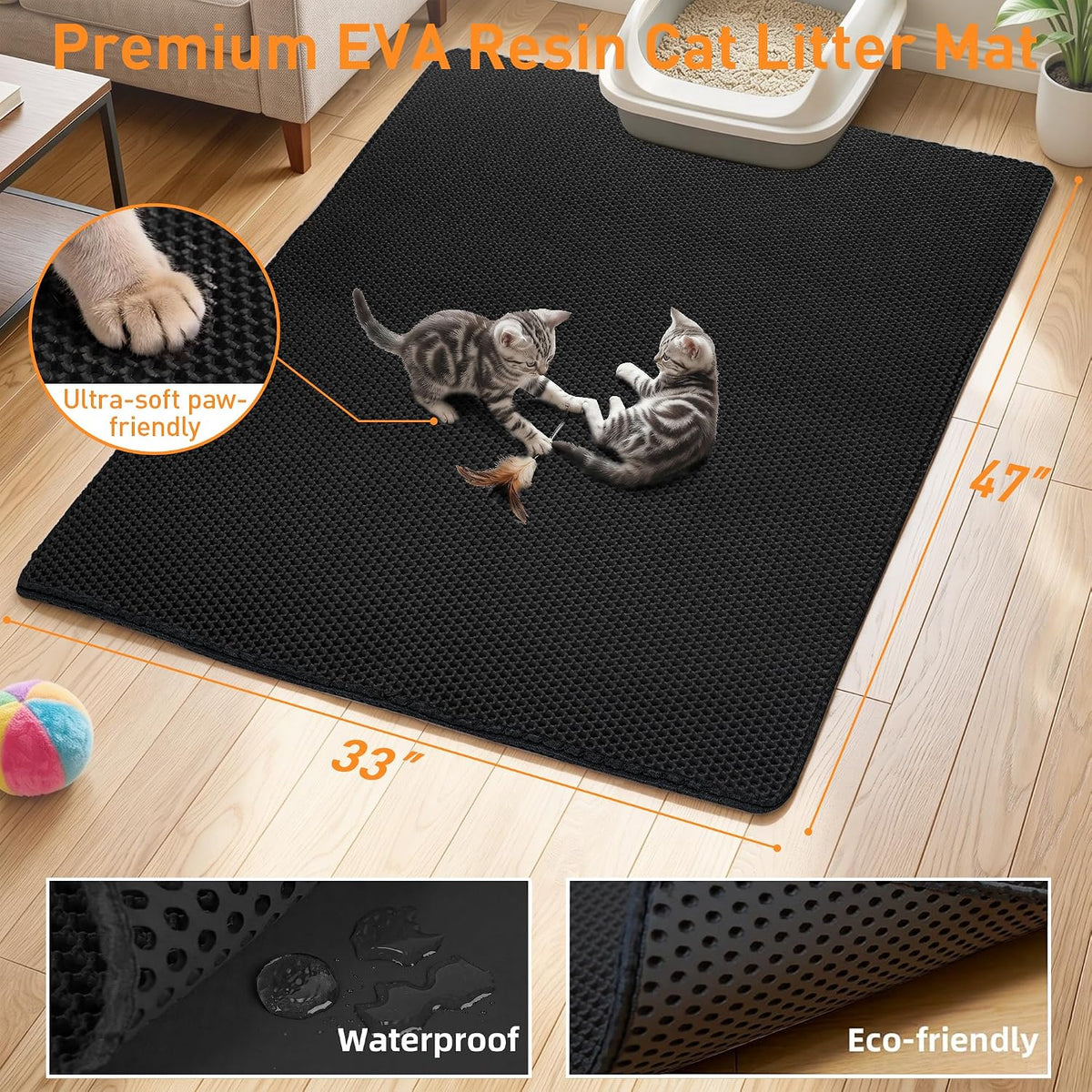 Cat Litter Mat 47"x33" Urine-Proof XL Litter Mat for Litter Box Mat | Large Cat Mat Double Layer Honeycomb Cat Litter Trapping Mat, Litter Matt Fits Litter Box, Easy Clean Rinse with Water Black
