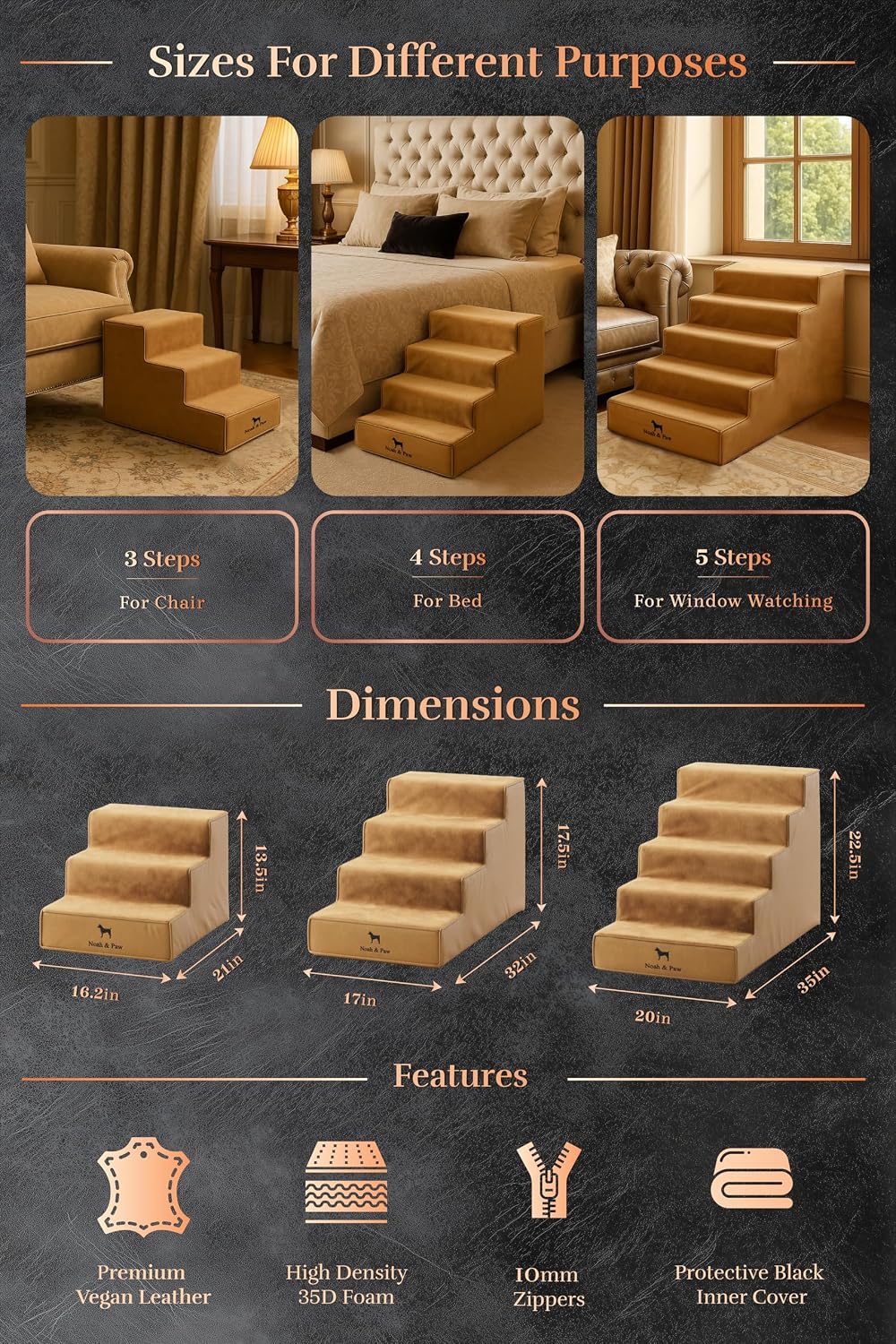 Noah & Paw Dog Steps for Bed, Up to 150lb, Extra Wide Dog Stairs for Bed