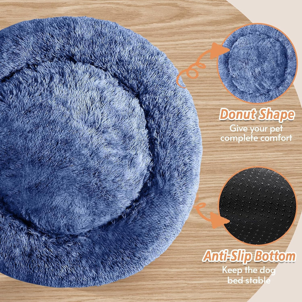 JOLLYVOGUE Calming Dog Beds Extra Large Sized Dog, 45in Donut Washable Large Pet Bed, Anti-Slip & Anti-Anxiety Fluffy Faux Fur Round Dogs Bed, Fits up to 125 lbs Pets (Navy Blue)