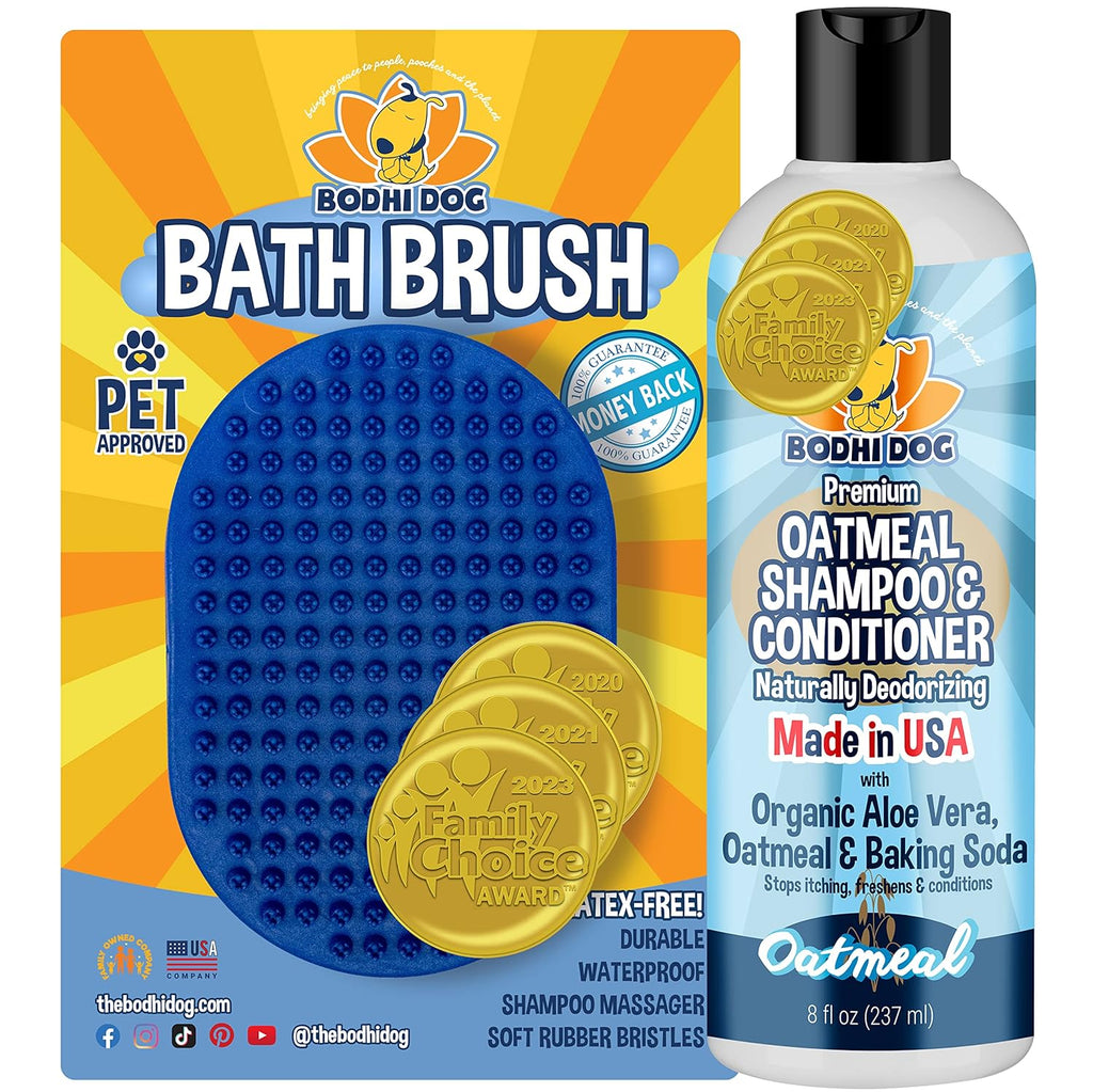 Bodhi Dog Shampoo Brush & Oatmeal Shampoo and Conditioner Bundle - Soothes and Moisturizes Dry, Itchy Skin - Bath Bundle for Shower, Showerhead, Sprayer & Bathing